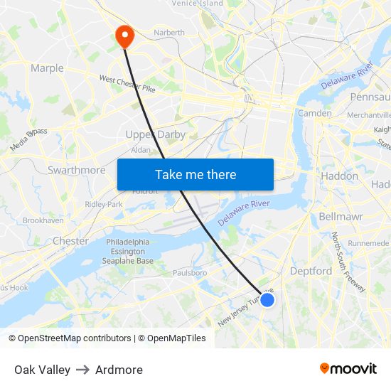 Oak Valley to Ardmore map