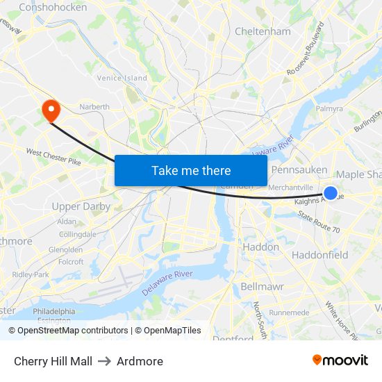 Cherry Hill Mall to Ardmore map