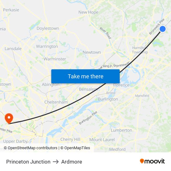 Princeton Junction to Ardmore map