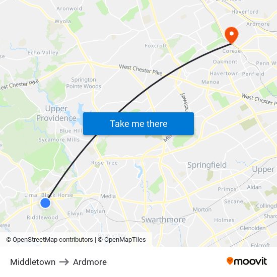 Middletown to Ardmore map