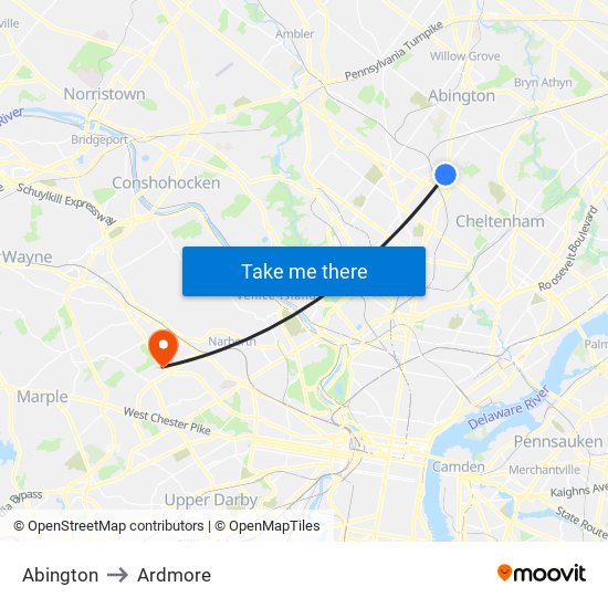 Abington to Ardmore map