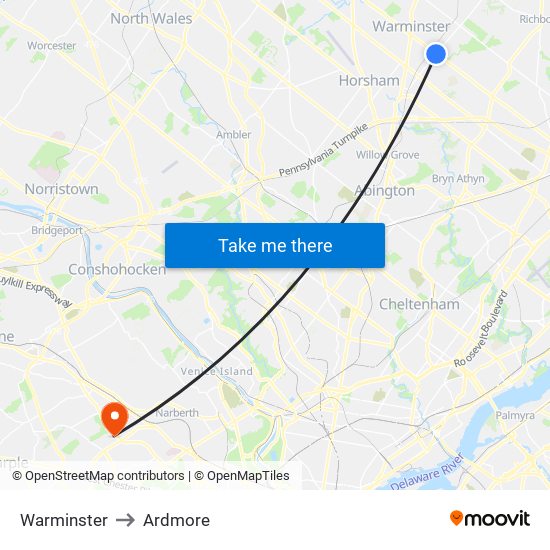 Warminster to Ardmore map