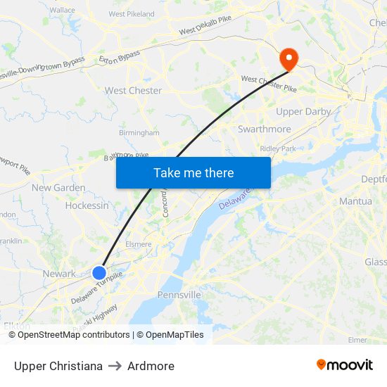 Upper Christiana to Ardmore map