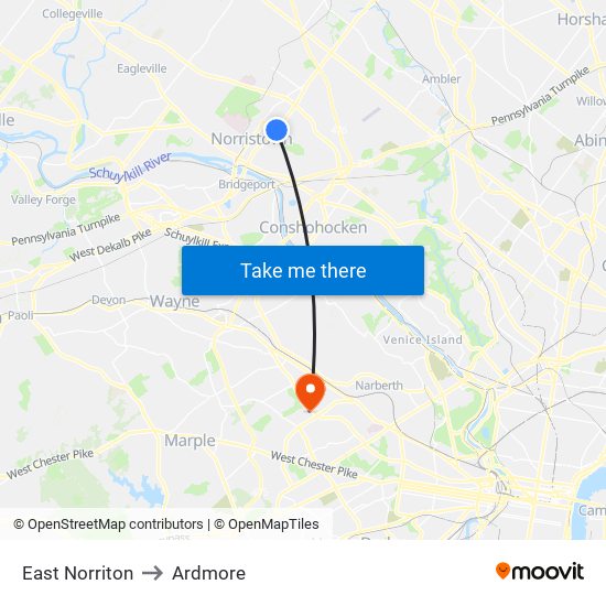 East Norriton to Ardmore map