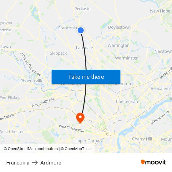 Franconia to Ardmore map