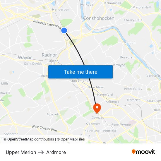 Upper Merion to Ardmore map