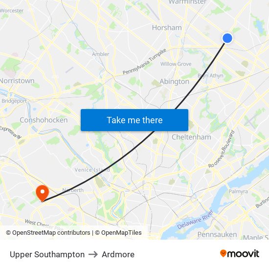 Upper Southampton to Ardmore map