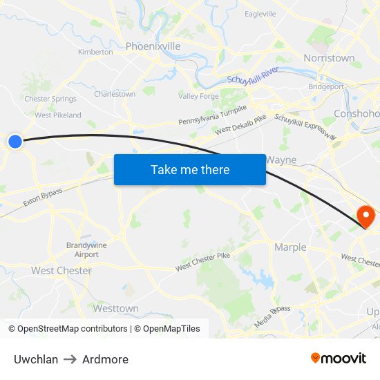 Uwchlan to Ardmore map