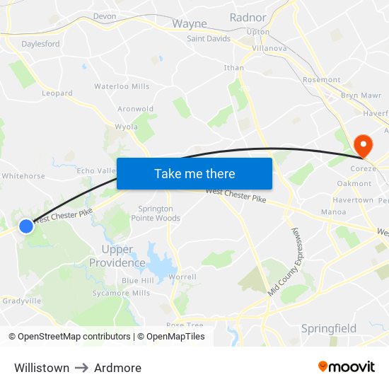 Willistown to Ardmore map