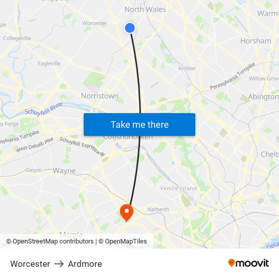 Worcester to Ardmore map