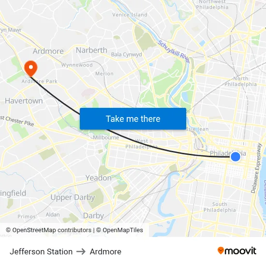 Jefferson Station to Ardmore map