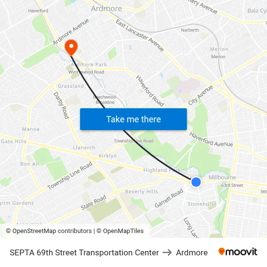 SEPTA 69th Street Transportation Center to Ardmore map