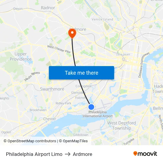 Philadelphia Airport Limo to Ardmore map