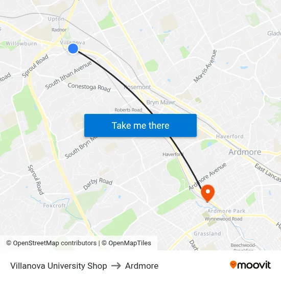 Villanova University Shop to Ardmore map