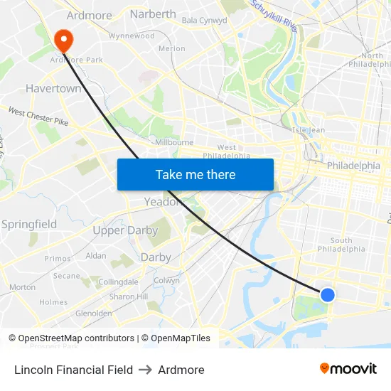 Lincoln Financial Field to Ardmore map