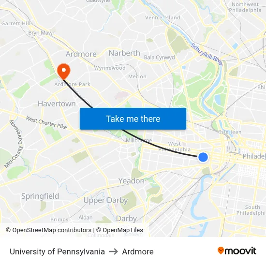 University of Pennsylvania to Ardmore map