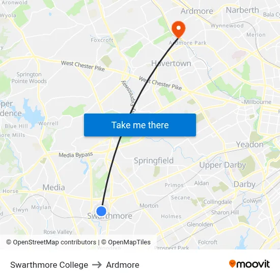 Swarthmore College to Ardmore map