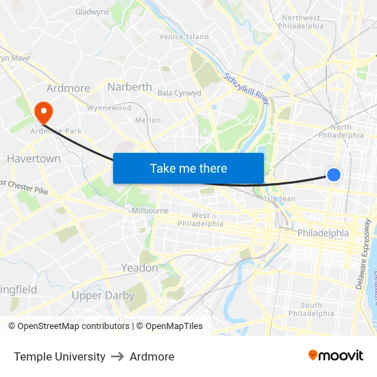 Temple University to Ardmore map