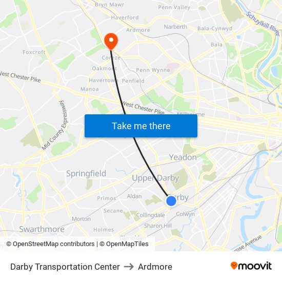 Darby Transportation Center to Ardmore map
