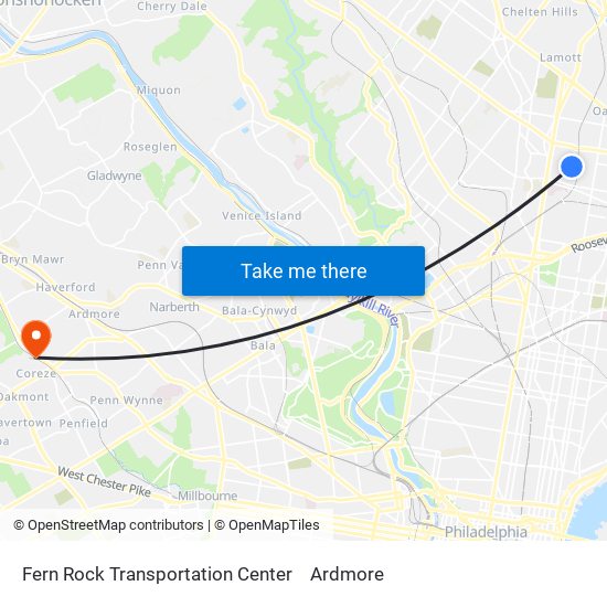 Fern Rock Transportation Center to Ardmore map