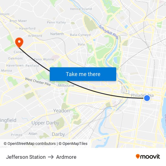 Jefferson Station to Ardmore map