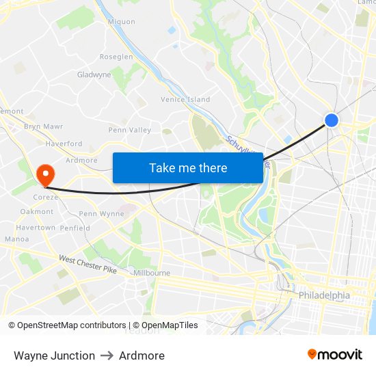 Wayne Junction to Ardmore map