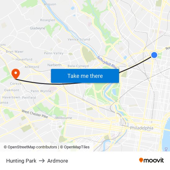 Hunting Park to Ardmore map