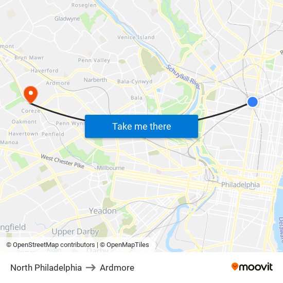 North Philadelphia to Ardmore map