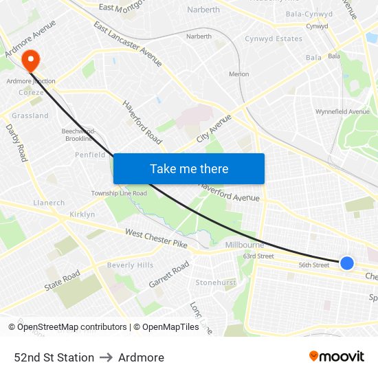 52nd St Station to Ardmore map