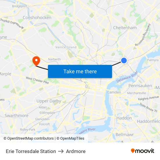 Erie Torresdale Station to Ardmore map