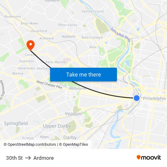 30th St to Ardmore map