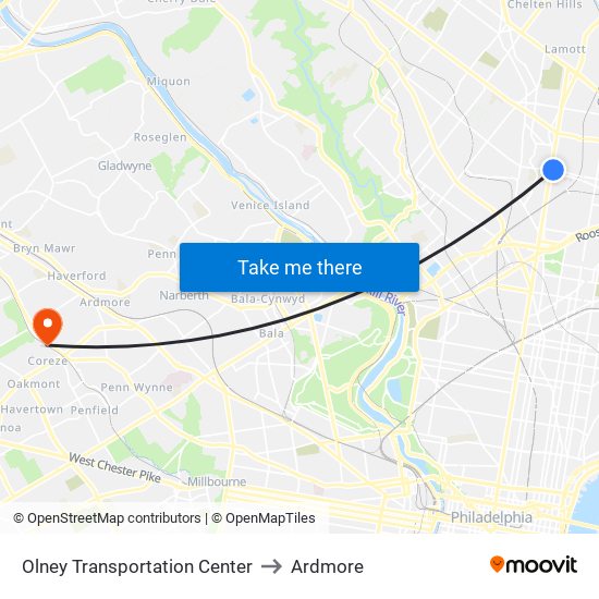 Olney Transportation Center to Ardmore map