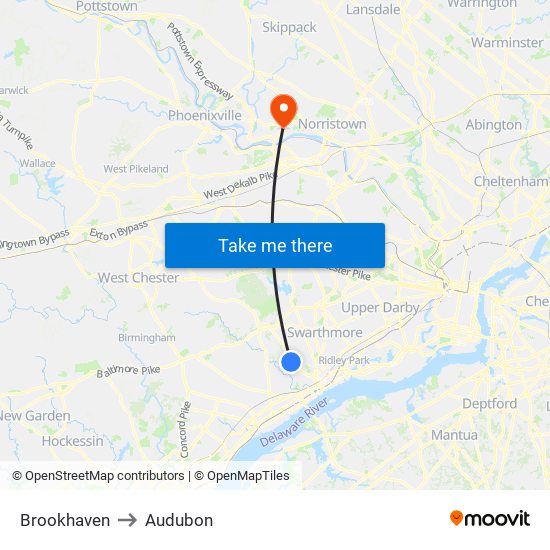 Brookhaven to Audubon map