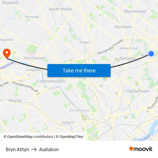 Bryn Athyn to Audubon map