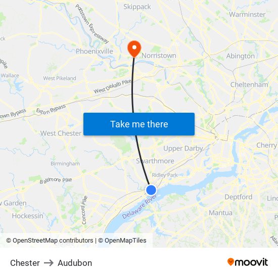Chester to Audubon map
