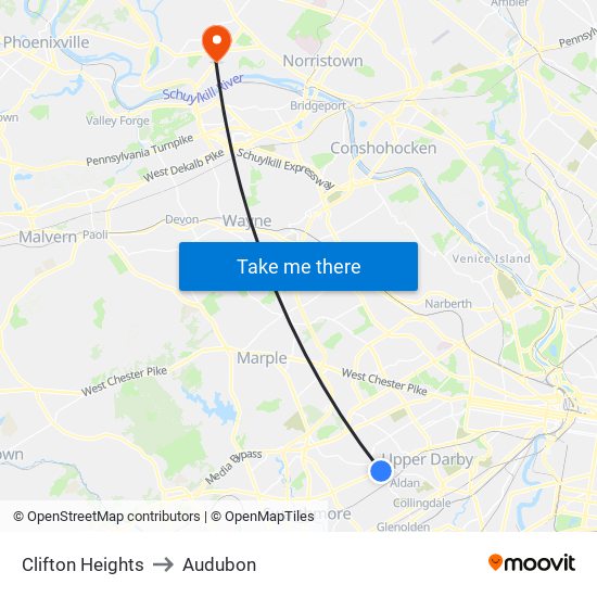 Clifton Heights to Audubon map