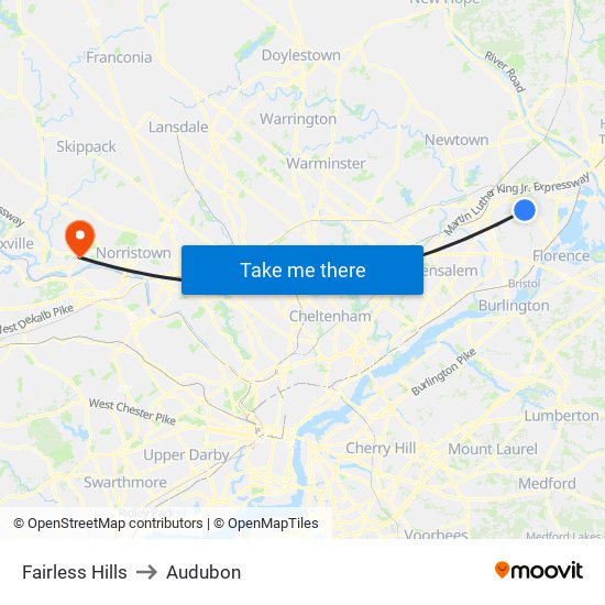 Fairless Hills to Audubon map