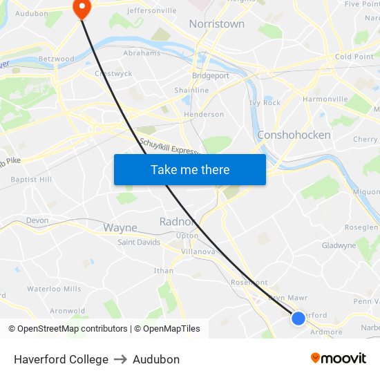 Haverford College to Audubon map