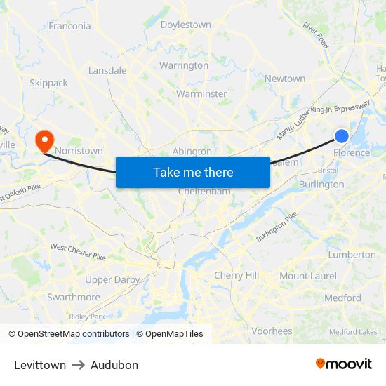 Levittown to Audubon map