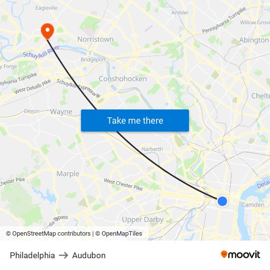 Philadelphia to Audubon map