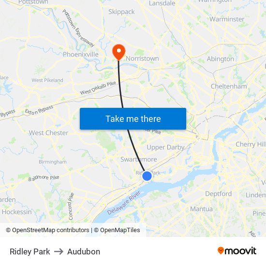 Ridley Park to Audubon map