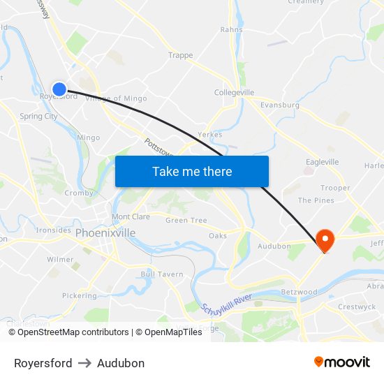 Royersford to Audubon map