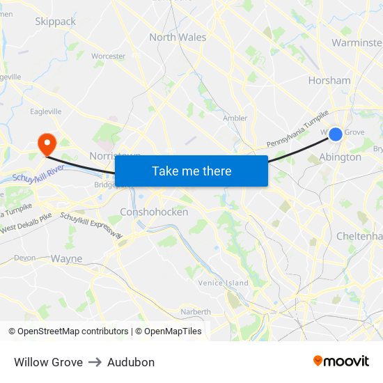 Willow Grove to Audubon map