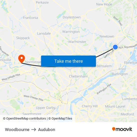 Woodbourne to Audubon map