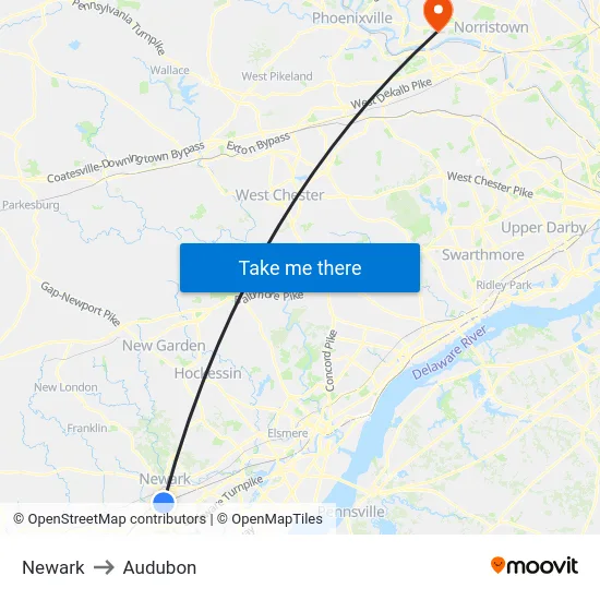 Newark to Audubon map