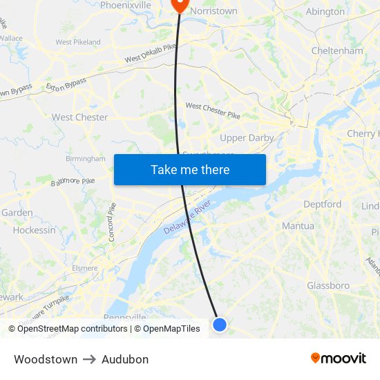 Woodstown to Audubon map