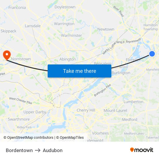 Bordentown to Audubon map