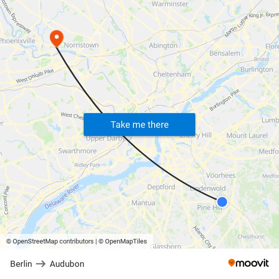 Berlin to Audubon map