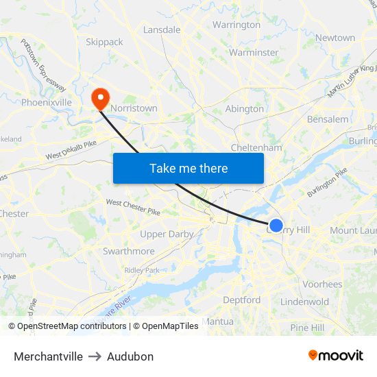 Merchantville to Audubon map