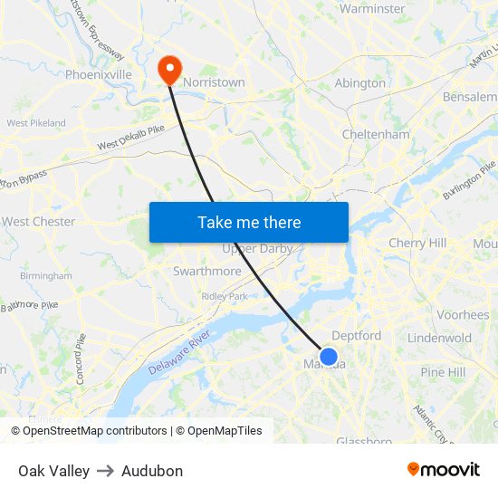 Oak Valley to Audubon map